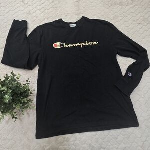 Champion Black Long-Sleeved Tee with Gold Champion Logo, Men's Size Large